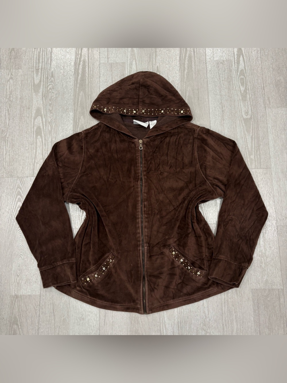 Alfred Dunner Brown Velour Zip Hoodie Jacket Studded Rhinestone Size 8